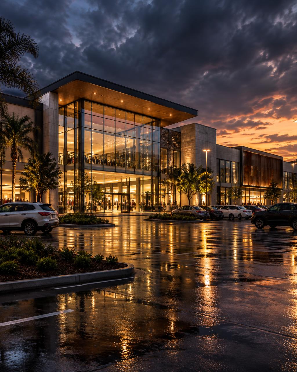 Modern shopping mall exterior at dusk